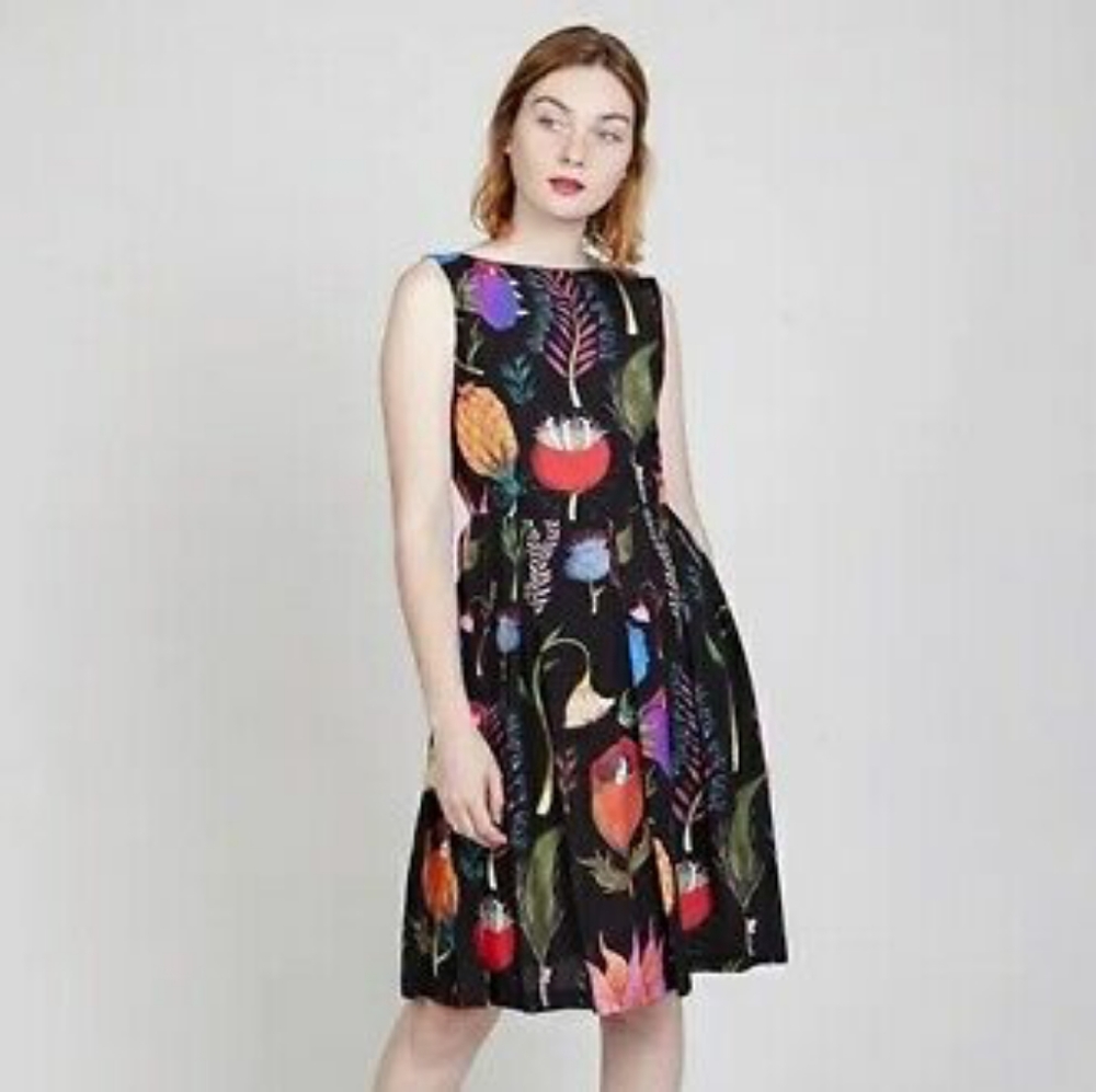 Ethical New Medium 38 La Casita De Wendy Floral Surrealistic Dress Black Viscose